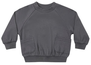 The Quincy Mae Baby Boys’ and Boys’ Pocket Sweatshirt in gray features long sleeves, a crewneck, ribbed cuffs and waistband, and two front pockets, shown laid flat on a white background.