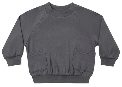 The Quincy Mae Baby Boys’ and Boys’ Pocket Sweatshirt in gray features long sleeves, a crewneck, ribbed cuffs and waistband, and two front pockets, shown laid flat on a white background.