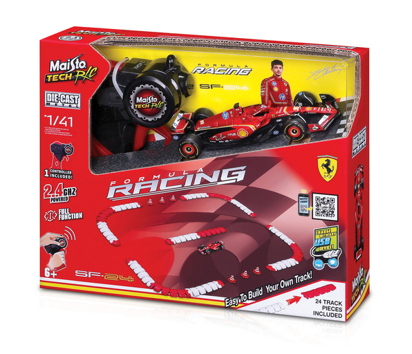 Maisto R/C 1:41 DC Ferrari SF-24 (2024) Car with track, includes remote control and customizable track pieces, suitable for ages 6 and up.