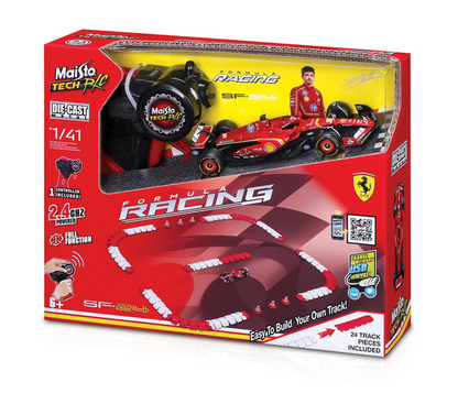 Maisto R/C 1:41 DC Ferrari SF-24 (2024) Car with track, includes remote control and customizable track pieces, suitable for ages 6 and up.
