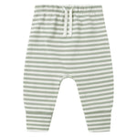 Light green and white striped Quincy Mae Baby Drawstring Pant for babies, made from soft organic brushed jersey with an elastic waistband, displayed on a white background.