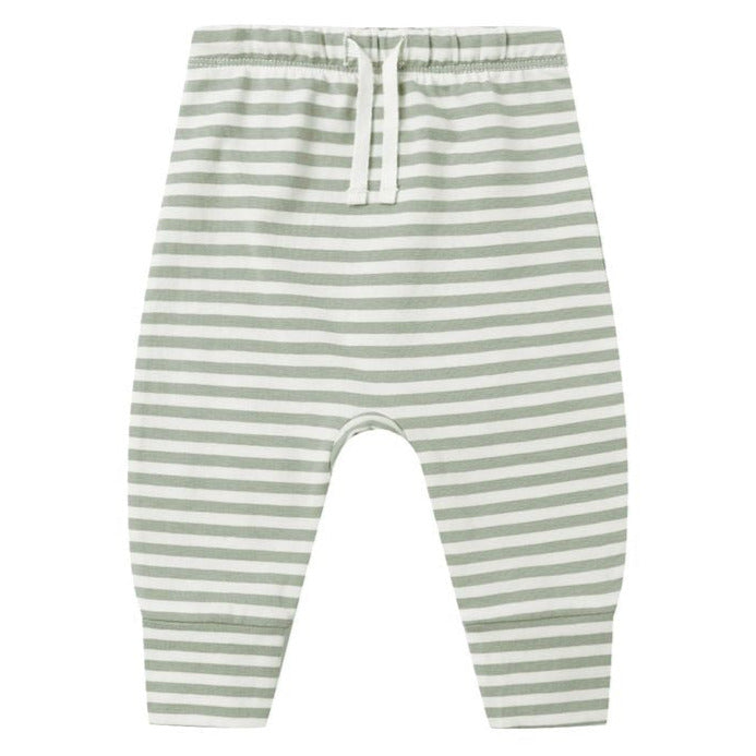 Light green and white striped Quincy Mae Baby Drawstring Pant for babies, made from soft organic brushed jersey with an elastic waistband, displayed on a white background.