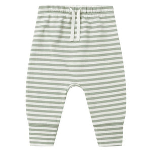Light green and white striped Quincy Mae Baby Drawstring Pant for babies, made from soft organic brushed jersey with an elastic waistband, displayed on a white background.