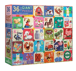 The Eeboo My Farm Alphabet 36-Piece Giant Puzzle features vibrant, illustrated farm-themed alphabet tiles with animals, objects, and letters; designed to support pre-literacy skills and recommended for ages 4 and up.