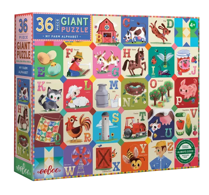 The Eeboo My Farm Alphabet 36-Piece Giant Puzzle features vibrant, illustrated farm-themed alphabet tiles with animals, objects, and letters; designed to support pre-literacy skills and recommended for ages 4 and up.