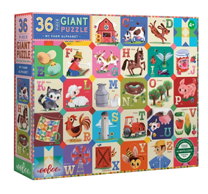The Eeboo My Farm Alphabet 36-Piece Giant Puzzle features vibrant, illustrated farm-themed alphabet tiles with animals, objects, and letters; designed to support pre-literacy skills and recommended for ages 4 and up.