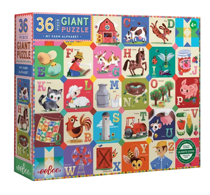 The Eeboo My Farm Alphabet 36-Piece Giant Puzzle features vibrant, illustrated farm-themed alphabet tiles with animals, objects, and letters; designed to support pre-literacy skills and recommended for ages 4 and up.