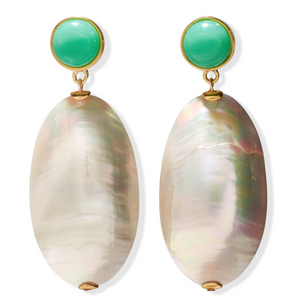 The Campana Earrings by Lizzie Fortunato are statement earrings in gold-plated brass, featuring round chrysoprase stones above large oval iridescent shells.