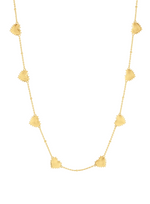 Anabel Aram Heart Station Necklace featuring an 18k gold plated chain with six evenly spaced puffy heart charms with beaded borders.