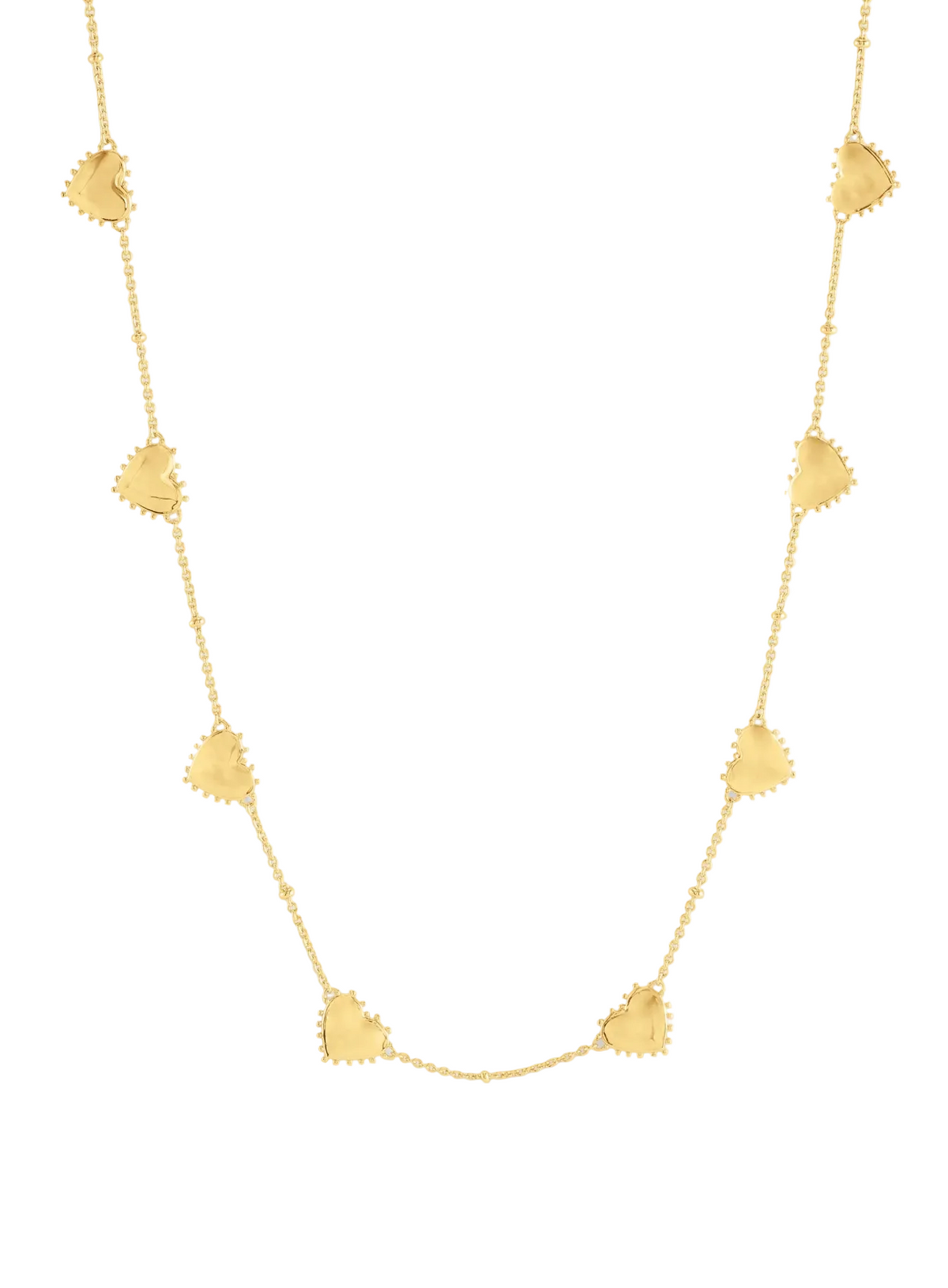 Anabel Aram Heart Station Necklace featuring an 18k gold plated chain with six evenly spaced puffy heart charms with beaded borders.