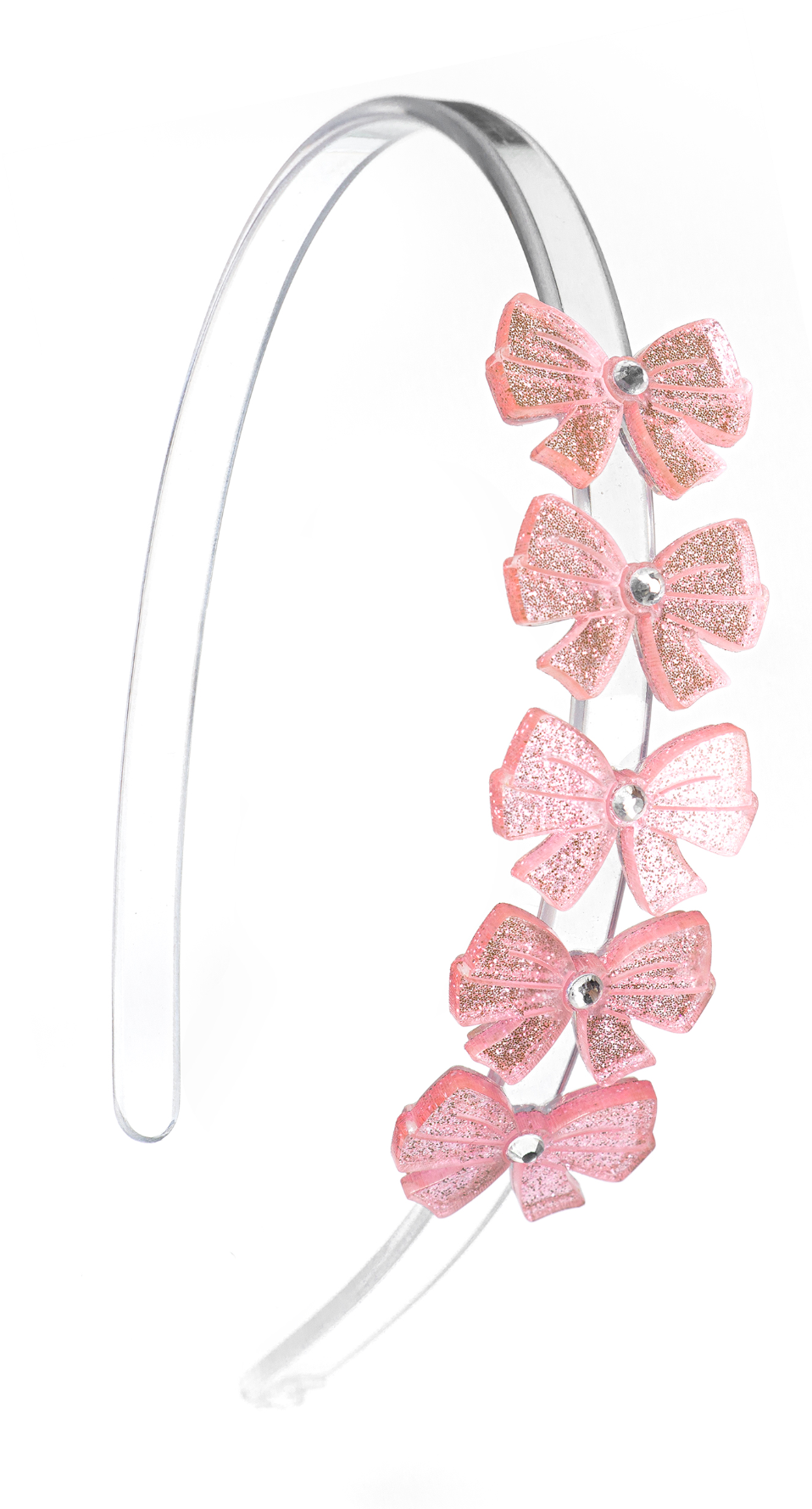 Introducing the Lillies & Roses Bows Glitter Pink Headband—this clear plastic headband is adorned on one side with six pink glittery bows, each featuring a small silver gem in the center. Lightweight and eye-catching, it’s the perfect sparkling party accessory for any occasion.