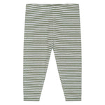 Serendipity Baby Rib Stripe Leggings, featuring gray and white horizontal stripes and made from soft organic cotton, are shown laid flat on a white background.