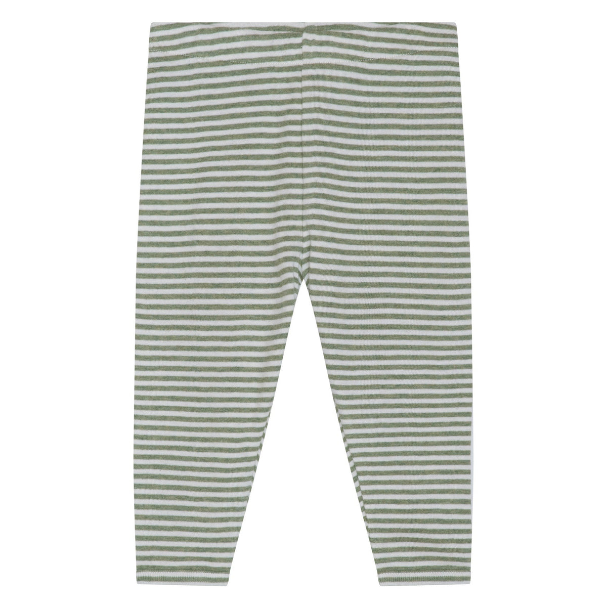 Serendipity Baby Rib Stripe Leggings, featuring gray and white horizontal stripes and made from soft organic cotton, are shown laid flat on a white background.