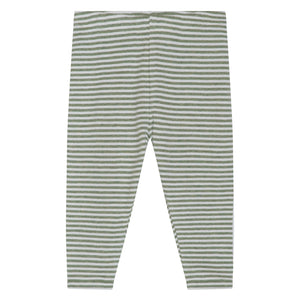 Serendipity Baby Rib Stripe Leggings, featuring gray and white horizontal stripes and made from soft organic cotton, are shown laid flat on a white background.