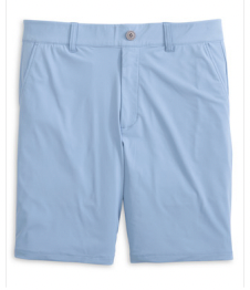 The Johnnie-O Fusionn Short is a light blue men's chino-style short featuring side pockets, belt loops, and a front button closure. Crafted from stretch-knit fabric for enhanced comfort and flexibility, it is displayed against a plain white background.