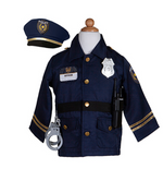 The Great Pretenders Police Officer Set includes a navy jacket, hat, badge, handcuffs, and toy walkie-talkie—ideal for dress-up and role play—displayed on a mannequin torso.