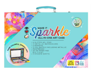The Bright Stripes Make It Sparkle All-In-One Art Case features a colorful box packed with 60 vibrant art pieces, including glitter gel pens, metallic watercolors, oil pastels, a paintbrush, a paper pad, and stickers.
