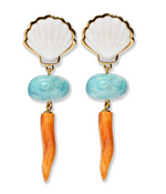 The Luna Drop Earrings by Lizzie Fortunato showcase gold-trimmed mother-of-pearl shapes, blue amazonite beads, and bright orange coral-inspired pendants.
