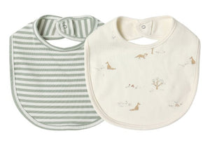 The Quincy Mae Jersey Snap Bib 2-Pack includes one green and white striped bib and one cream bib with animal and tree designs, both made from soft brushed jersey with snap closures.