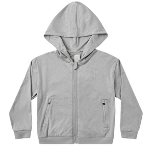 A Boys’ Tech Hoodie by Rylee & Cru in plain light gray, featuring a hood, long sleeves, zippered front pockets, ribbed cuffs and hem, and subtle PLAY embroidery, displayed on a white background.