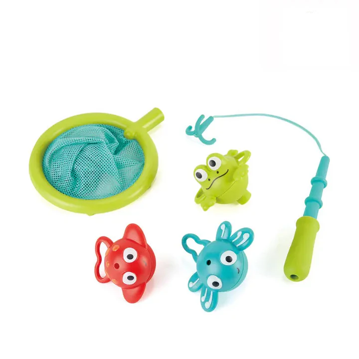The Hape Double Fun Fishing Set includes a green net, a blue fishing pole toy, and three colorful plastic bath toys—a crab, fish, and frog—displayed on a white background.
