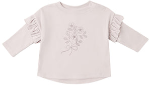 The Quincy Mae Baby Girls’ and Girls’ Ruffle Long Sleeve Tee is a cozy everyday essential, featuring a light pink hue, charming ruffled shoulders, and a delicate line drawing of flowers tied with a bow on the front.