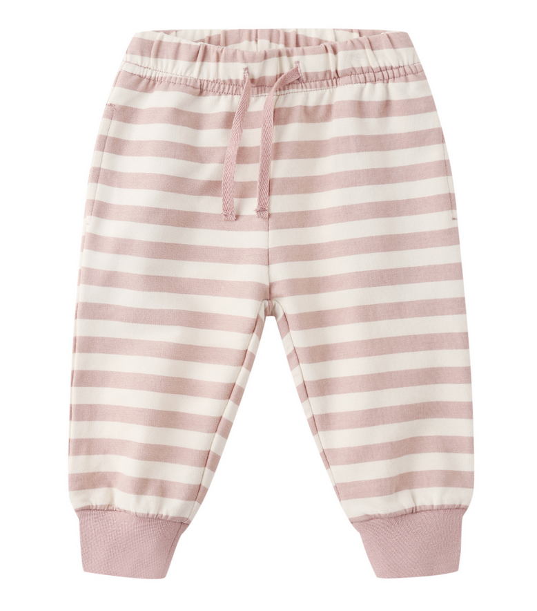 Quincy Mae Baby Relaxed Sweatpant in pink and white stripes features an elastic waistband, drawstring, and ribbed cuffs—cozy, relaxed-fit pants perfect for everyday comfort.