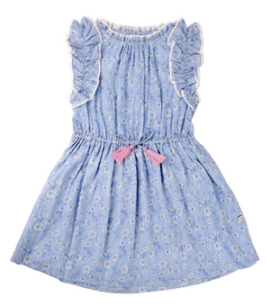 The Girls’ Florence Dress by Early Sunday features a light blue sleeveless design with a white tonal floral blue print, ruffled shoulders, an elastic waist, and a pink bow at the front—a charming printed cotton dress that’s perfect for sunny days.