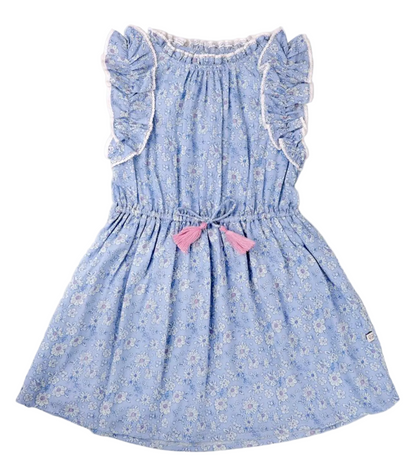 The Girls’ Florence Dress by Early Sunday features a light blue sleeveless design with a white tonal floral blue print, ruffled shoulders, an elastic waist, and a pink bow at the front—a charming printed cotton dress that’s perfect for sunny days.