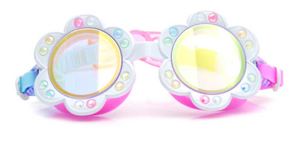 The Bling2O Kids' Dandi Flower Blanch Blossom Swim Goggles feature flower-shaped frames adorned with jeweled decorations and pastel blue and pink adjustable straps. These children's swim goggles offer anti-fog and UV protection, ensuring a safe and comfortable swimming experience.
