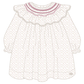The Tartine et Chocolat Baby Girls' Ruffle Collar Embrodery Floral Dress is a long-sleeved white newborn dress featuring a red floral print, ruffled collar, and hand-embroidered pink flowers on the smocked collar.