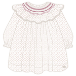 The Tartine et Chocolat Baby Girls' Ruffle Collar Embrodery Floral Dress is a long-sleeved white newborn dress featuring a red floral print, ruffled collar, and hand-embroidered pink flowers on the smocked collar.