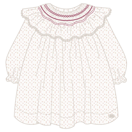 The Tartine et Chocolat Baby Girls' Ruffle Collar Embrodery Floral Dress is a long-sleeved white newborn dress featuring a red floral print, ruffled collar, and hand-embroidered pink flowers on the smocked collar.