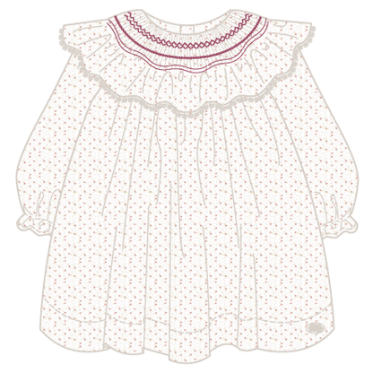 The Tartine et Chocolat Baby Girls' Ruffle Collar Embrodery Floral Dress is a long-sleeved white newborn dress featuring a red floral print, ruffled collar, and hand-embroidered pink flowers on the smocked collar.