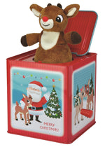 The Kids Preferred Rudolph Jack in the Box features a plush Rudolph popping out of a festive red box adorned with Santa, a Christmas tree, and reindeer—making it a charming holiday surprise toy.