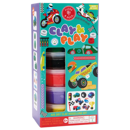 Box of Floss and Rock “Cars Clay & Play” air-dry clay sculpting kit, featuring colorful clay containers and vehicle-themed packaging, suitable for ages 6 and up.