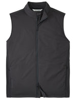 The Peter Millar Fuse Hybrid Vest is a sleeveless black zip-up with an insulated front panel, stand collar, and two side pockets, offering lightweight, water-resistant comfort. Shown on a plain white background.