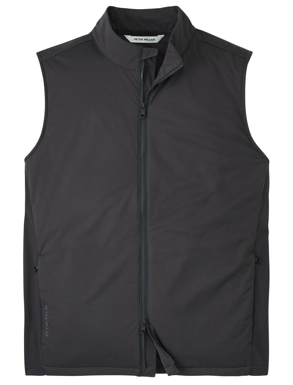 The Peter Millar Fuse Hybrid Vest is a sleeveless black zip-up with an insulated front panel, stand collar, and two side pockets, offering lightweight, water-resistant comfort. Shown on a plain white background.