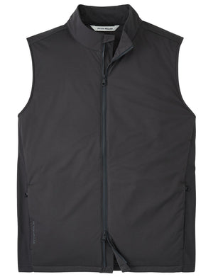 The Peter Millar Fuse Hybrid Vest is a sleeveless black zip-up with an insulated front panel, stand collar, and two side pockets, offering lightweight, water-resistant comfort. Shown on a plain white background.