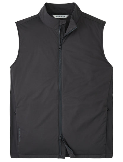 The Peter Millar Fuse Hybrid Vest is a sleeveless black zip-up with an insulated front panel, stand collar, and two side pockets, offering lightweight, water-resistant comfort. Shown on a plain white background.