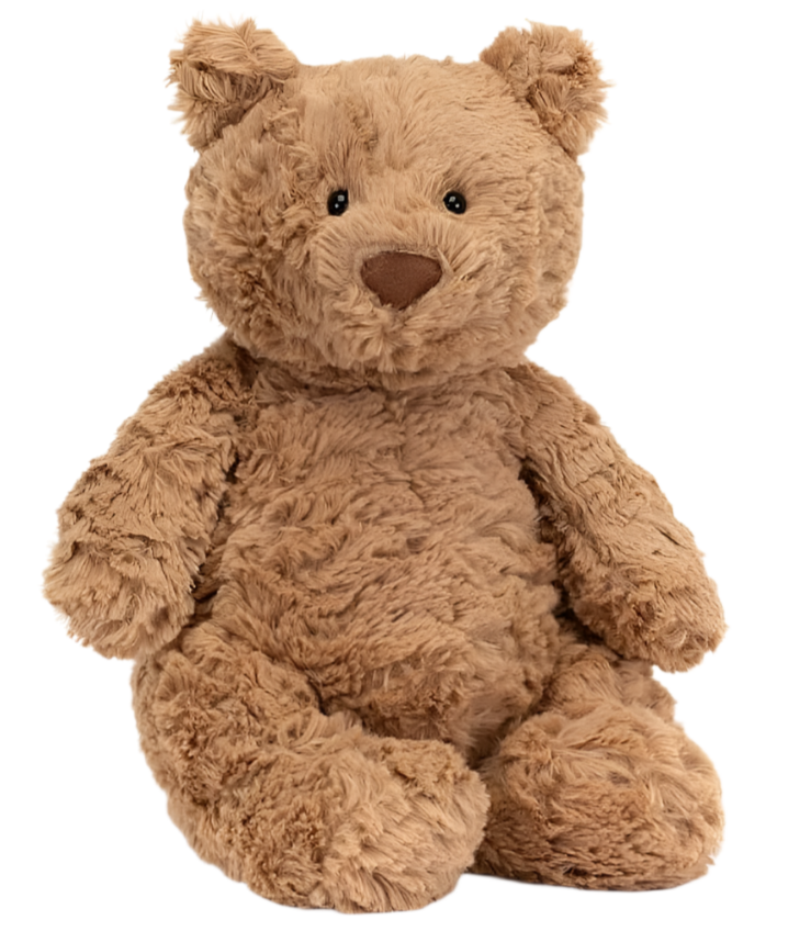 Bartholomew Bear, Medium by Jellycat is a plush brown teddy with a fluffy fudge tummy, soft fur, black button eyes, and a stitched nose—your perfect bedtime buddy.