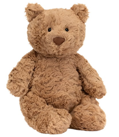 Bartholomew Bear, Medium by Jellycat is a plush brown teddy with a fluffy fudge tummy, soft fur, black button eyes, and a stitched nose—your perfect bedtime buddy.
