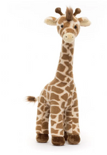 A Jellycat Dara Giraffe with a spotted pattern stands upright on a white background, making it an ideal nursery mascot and perfect playtime toy.