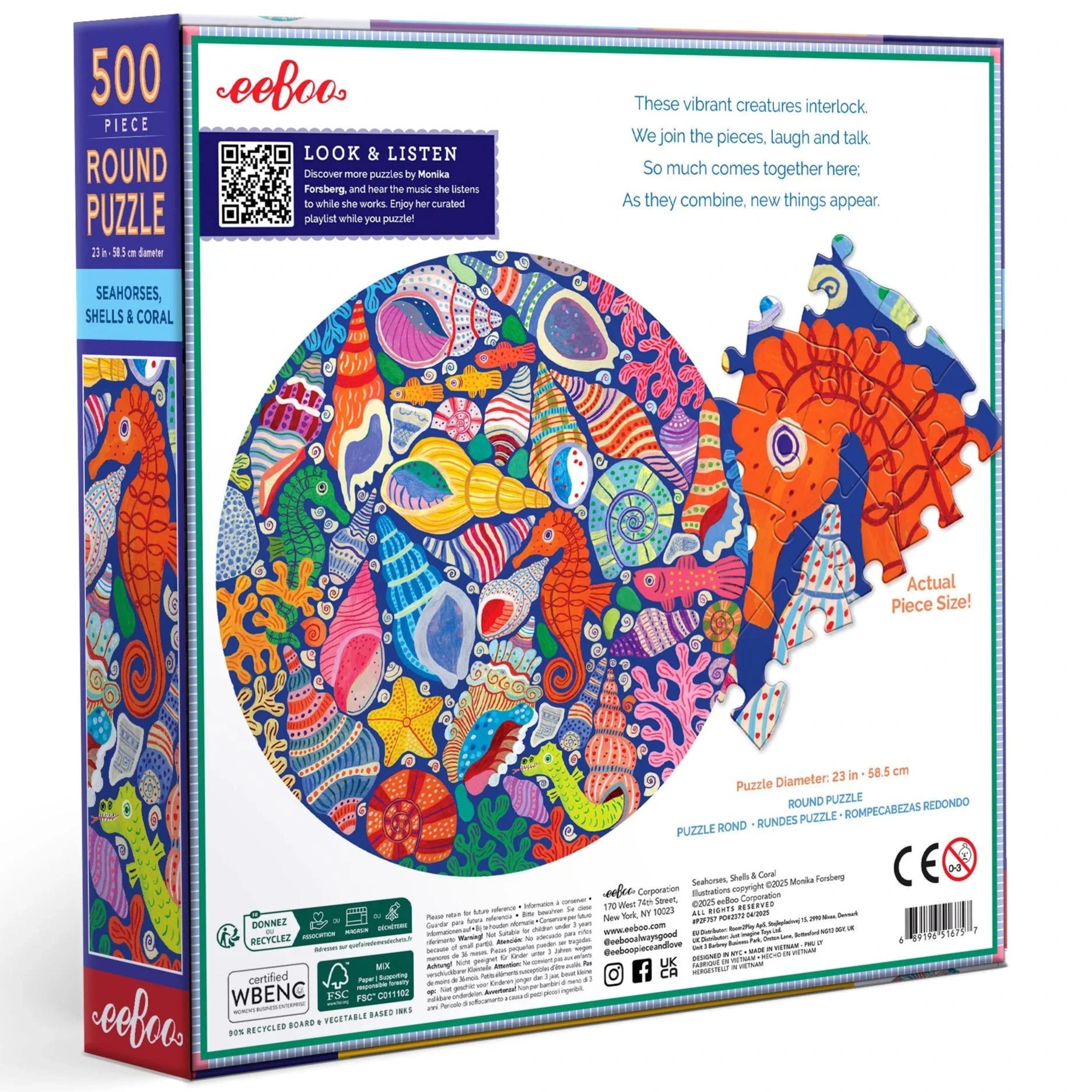Back of Eeboo's Seahorses, Shells & Coral 500 Round Puzzle box shows Monika Forsberg’s seahorse and ocean art, text, product info, and a sample puzzle piece.