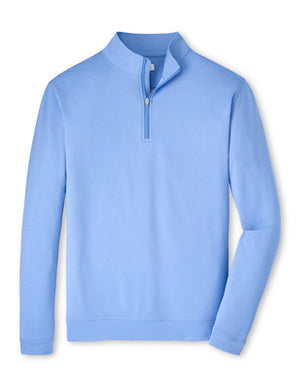 The Perth Mélange Performance Quarter-Zip by Peter Millar features light blue performance fabric, a quarter-zip closure, long sleeves, and a stand-up collar. Shown on a plain white background.