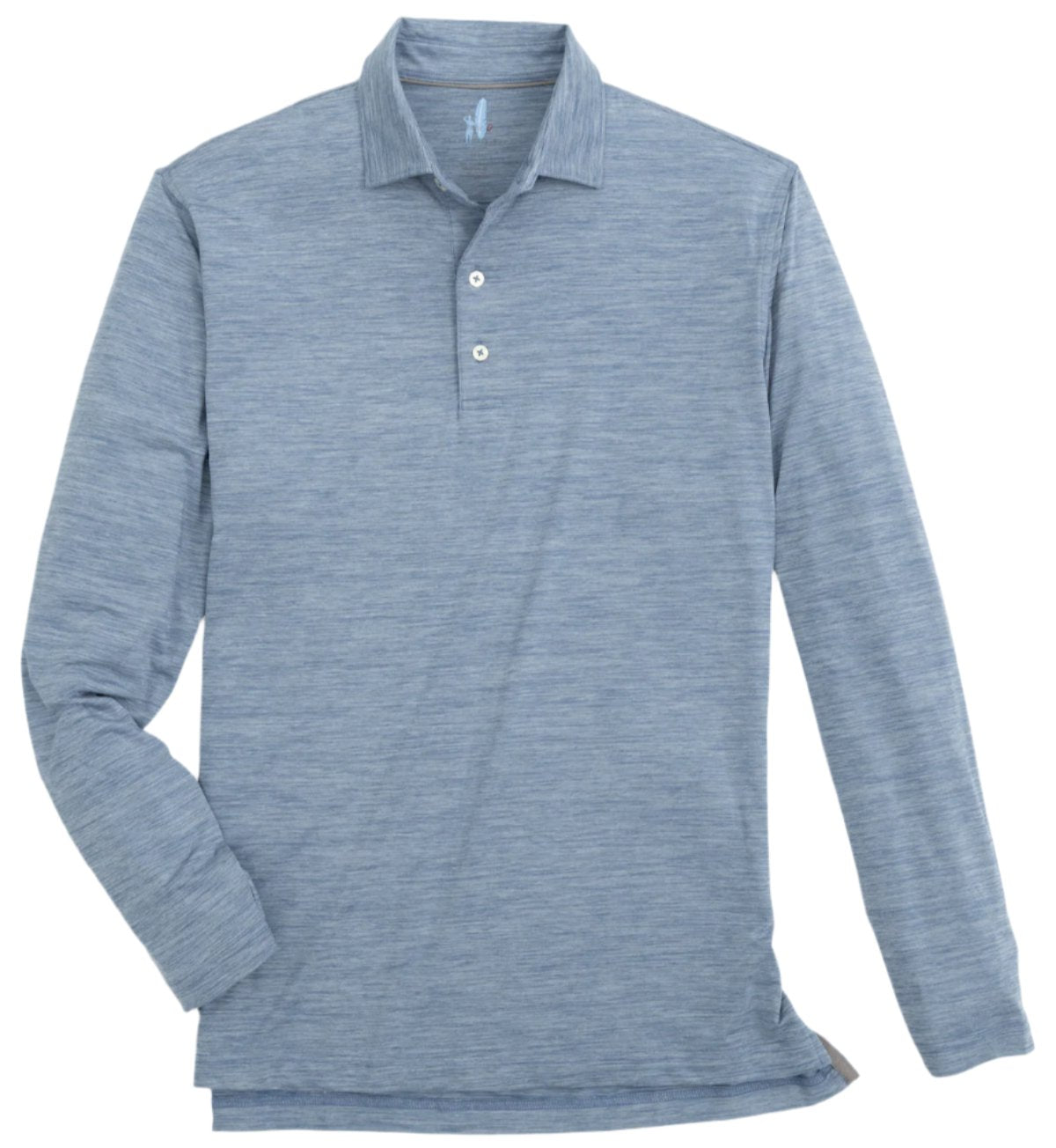 The Johnnie-O Swing Long-Sleeve Polo by Johnnie-O is a light blue, featherweight jersey shirt with a three-button placket and UPF 50 sun protection, shown on a white background.