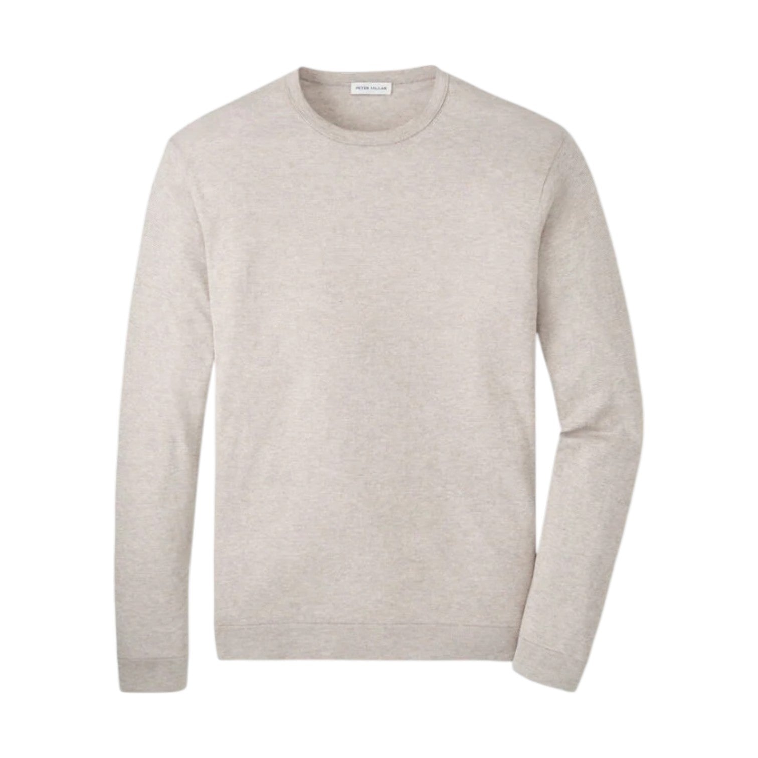 The Peter Millar Lake Long Sleeve Sweater is a lightweight, plain, light beige sweater with long sleeves, shown on a white background.