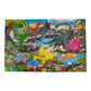 The eeboo Land of Dinosaurs 100 Piece Puzzle by Eeboo features a vibrant prehistoric scene with dinosaurs exploring amidst trees, mountains, and a river—ideal for paleontology fans.