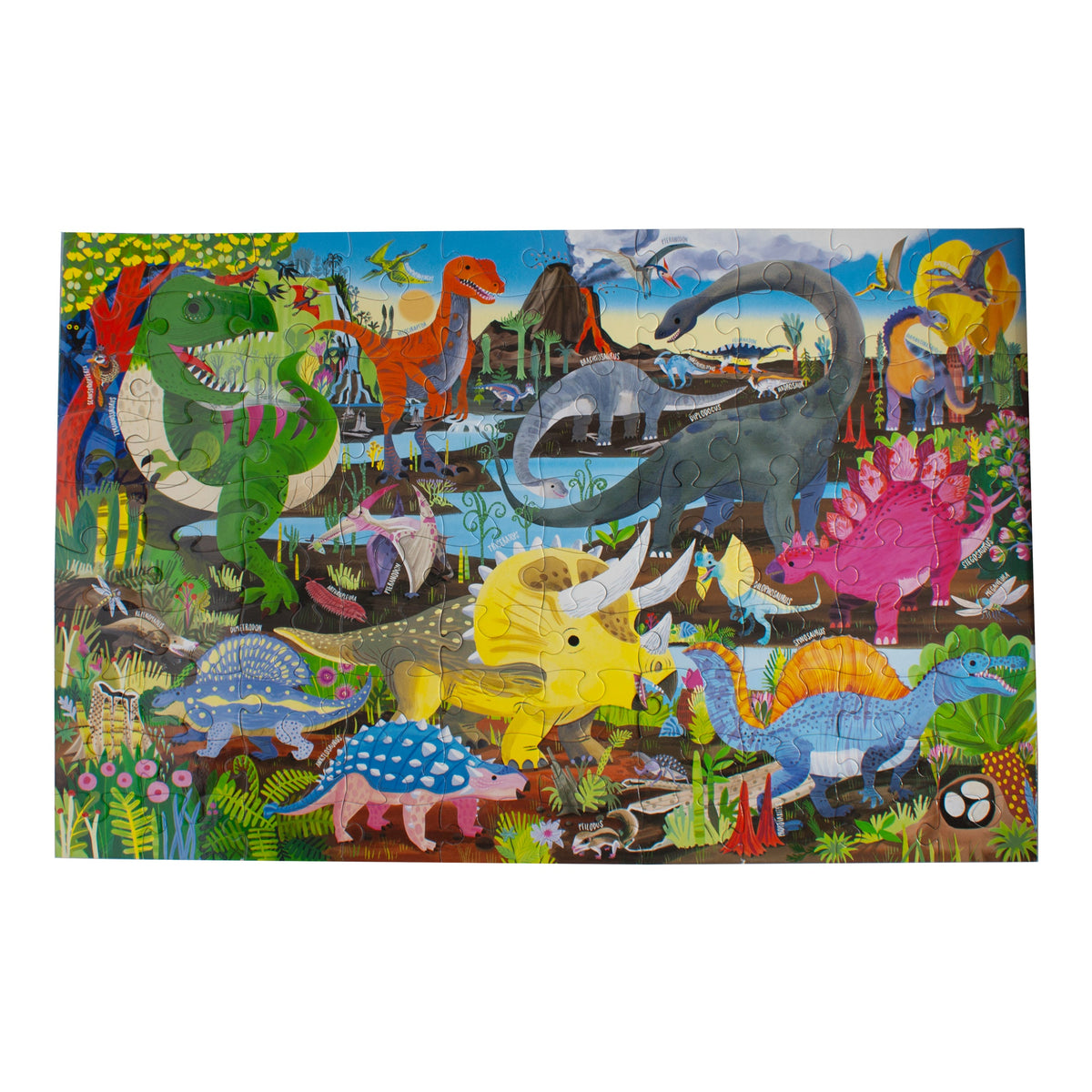 The eeboo Land of Dinosaurs 100 Piece Puzzle by Eeboo features a vibrant prehistoric scene with dinosaurs exploring amidst trees, mountains, and a river—ideal for paleontology fans.