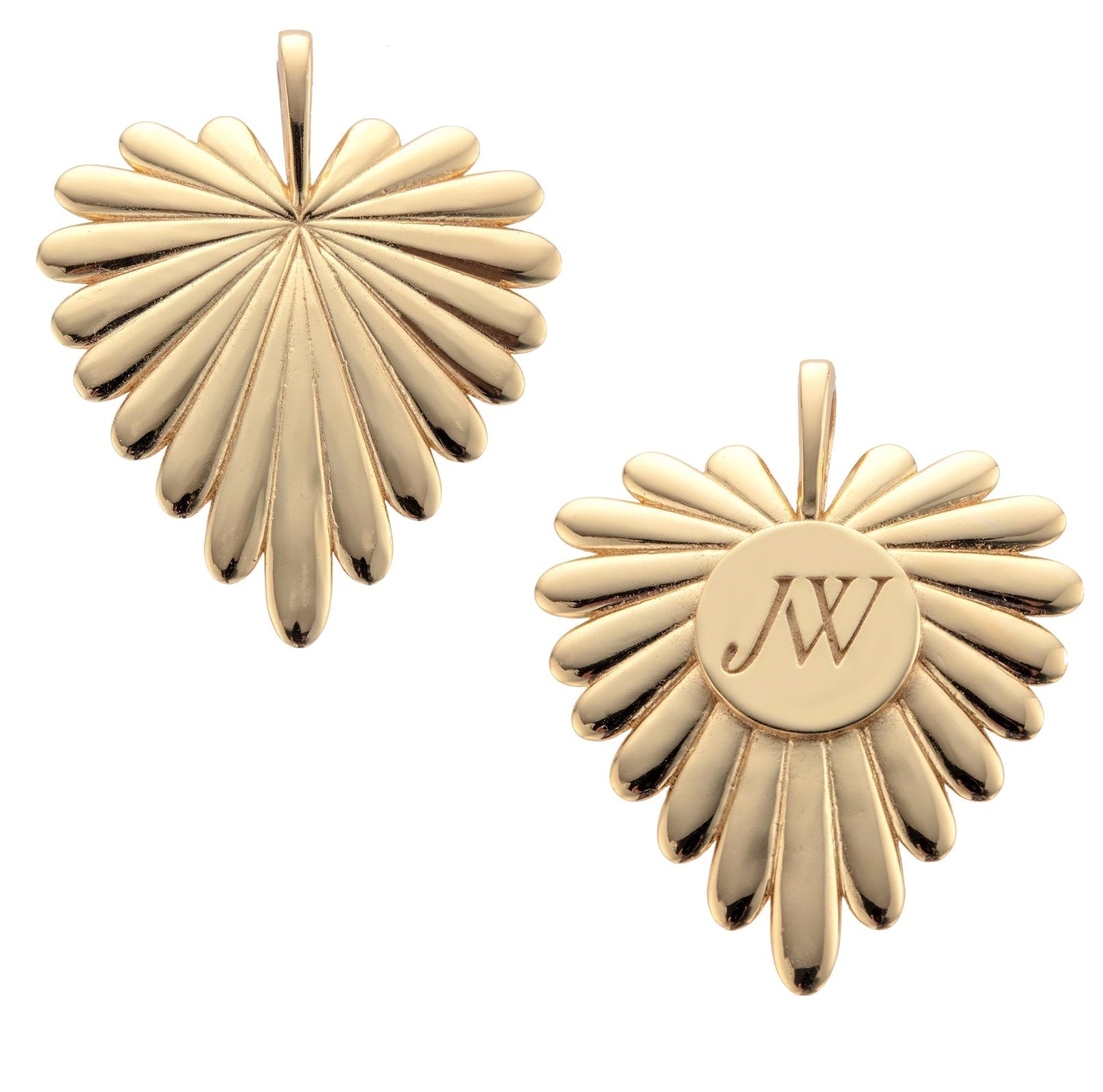 The Jane Win Pendant Necklace Collection features two gold heart-shaped pendants with ridged, fan-like designs—one with an engraved "JW" monogram—making them perfect milestone jewelry for meaningful occasions.